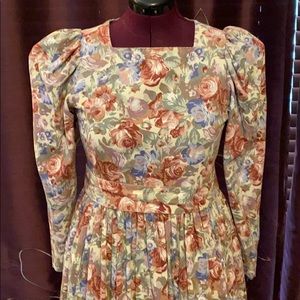 Laura Ashley ivory floral corduroy dress w/ sash
